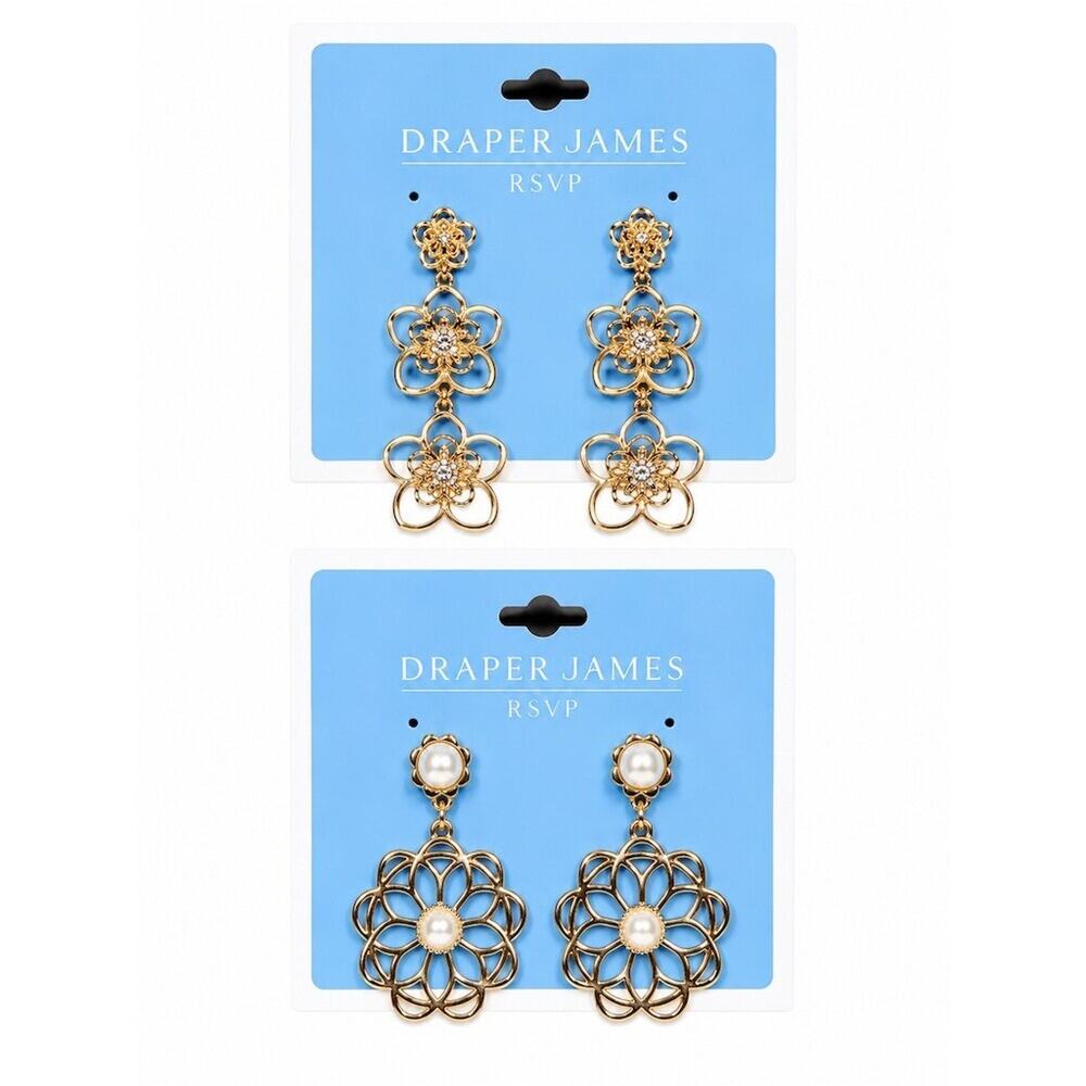 2 pair $50 lot Draper James RSVP Earrings Floral Drop & Filigree Pearl Dangle
